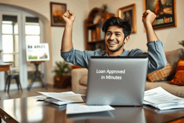 Imagen de una persona feliz usando su dispositivo móvil para solicitar un préstamo rápido online.