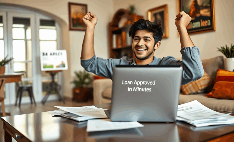 Imagen de una persona feliz usando su dispositivo móvil para solicitar un préstamo rápido online.