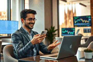 Persona usando un móvil para gestionar dinero rápidamente en su cuenta bancaria