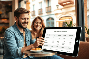 Personas revisando documentos financieros con cuotas fijas destacadas.