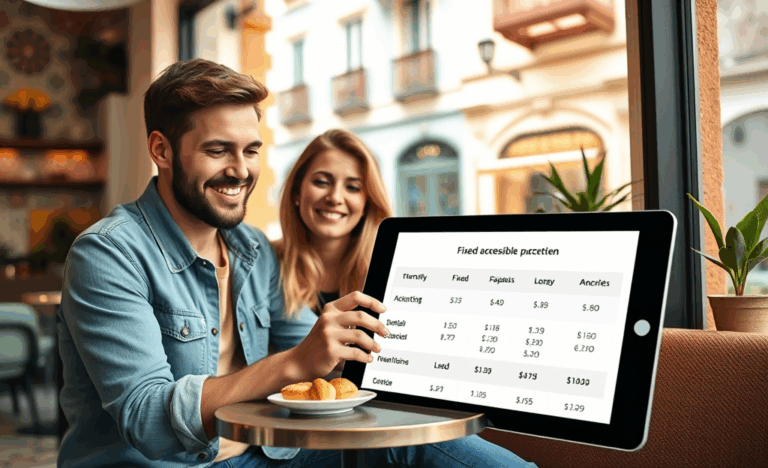 Personas revisando documentos financieros con cuotas fijas destacadas.