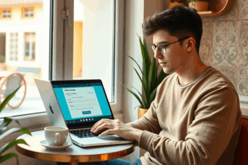 Persona utilizando una computadora para solicitar un préstamo en línea en minutos.