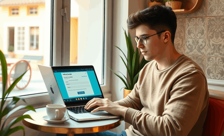 Persona utilizando una computadora para solicitar un préstamo en línea en minutos.