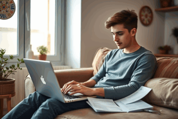 Persona usando su computadora para solicitar crédito online desde la comodidad de su hogar.