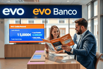 Persona evaluando opciones de crédito personal con EVO Banco en un dispositivo electrónico.