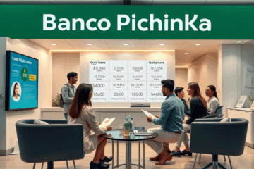 Una persona usando su ordenador portátil para solicitar un préstamo rápido en el Banco Pichincha.