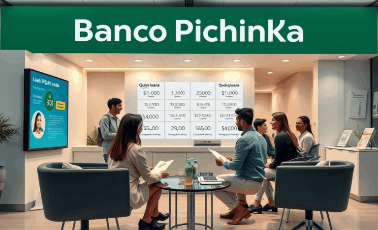 Una persona usando su ordenador portátil para solicitar un préstamo rápido en el Banco Pichincha.