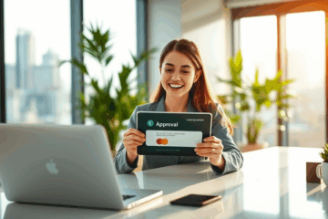 Imagen de una persona recibiendo aprobación instantánea de crédito en su teléfono móvil.