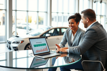 Pareja joven discutiendo opciones de crédito para auto con asesor en una agencia moderna con auto nuevo y cálculos de cuotas accesibles