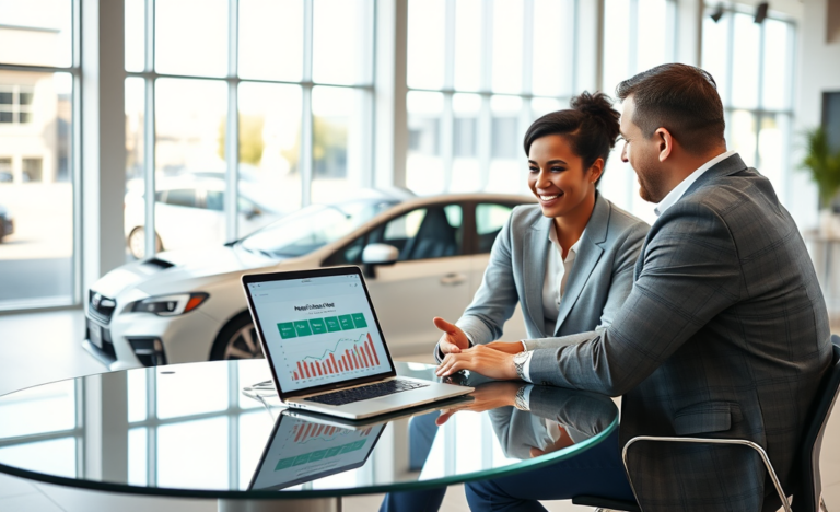 Pareja joven discutiendo opciones de crédito para auto con asesor en una agencia moderna con auto nuevo y cálculos de cuotas accesibles