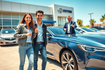 Pareja feliz con agente de ventas junto a auto sedán azul metálico en concesionario moderno, promoviendo financiamiento de auto accesible