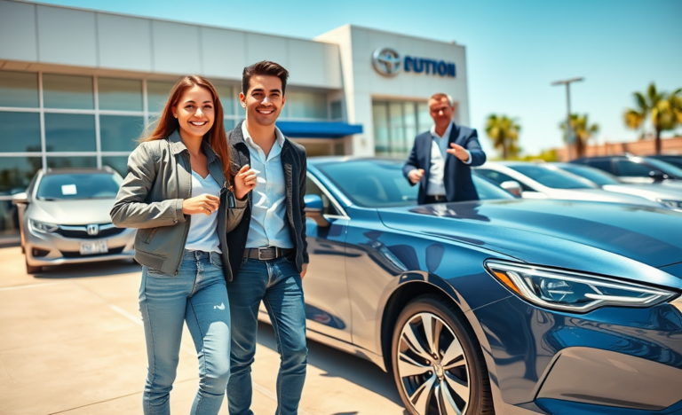 Pareja feliz con agente de ventas junto a auto sedán azul metálico en concesionario moderno, promoviendo financiamiento de auto accesible