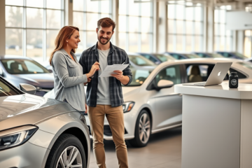 Pareja sonriente revisando un auto usado en un concesionario moderno mientras recibe asesoría sobre financiamiento con bajas tasas para pagar menos