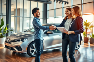 Hombre recibiendo refinanciamiento de automóvil rápido en oficina moderna con asesor financiero junto a un auto plateado brillante