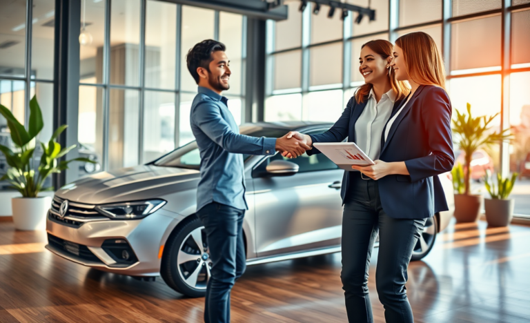 Hombre recibiendo refinanciamiento de automóvil rápido en oficina moderna con asesor financiero junto a un auto plateado brillante