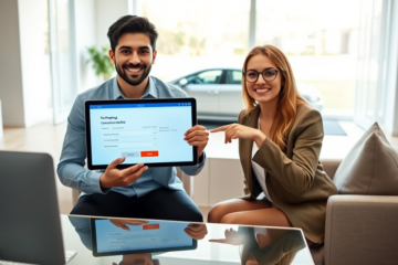 Dos personas revisan una aplicación de financiamiento automotriz en línea en una tablet, con un auto nuevo visible fuera de una ventana, simbolizando aprobación rápida y práctica