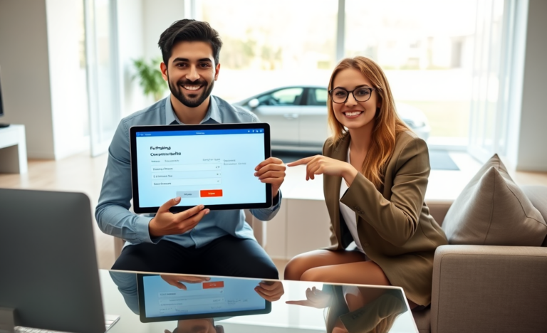 Dos personas revisan una aplicación de financiamiento automotriz en línea en una tablet, con un auto nuevo visible fuera de una ventana, simbolizando aprobación rápida y práctica