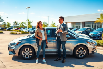 Pareja feliz en lotes de autos seminuevos con representante de ventas entregando llaves y destacando financiamiento barato y mensualidades bajas