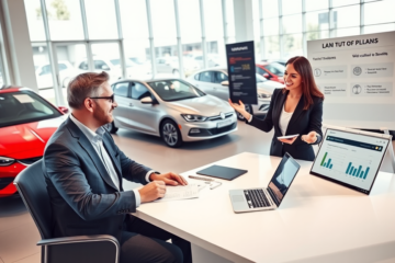 Hombre y asesora financiera en concesionario moderno discuten préstamo con garantía para comprar auto con documentos y autos nuevos al fondo