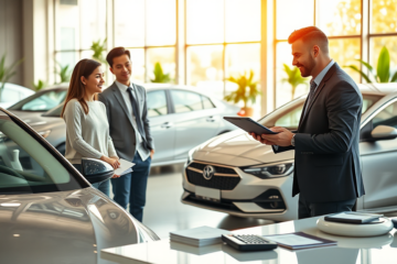 Pareja conversando con consultor de autos en concesionaria moderna sobre opciones de financiamiento con enganche reducido