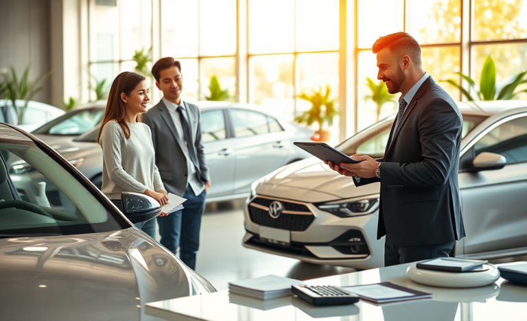 Pareja conversando con consultor de autos en concesionaria moderna sobre opciones de financiamiento con enganche reducido