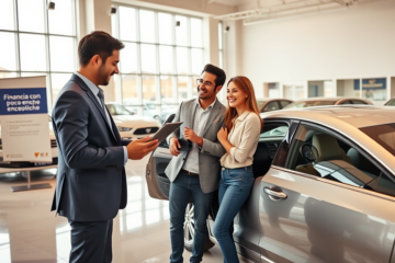 Pareja feliz en concesionario de autos recibiendo asesoría para crédito personal para carro con poco enganche