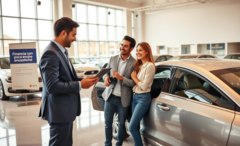 Pareja feliz en concesionario de autos recibiendo asesoría para crédito personal para carro con poco enganche