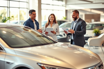 Pareja feliz en una agencia automotriz conversando con asesor sobre préstamo para vehículo con pagos mensuales bajos en ambiente moderno y bien iluminado