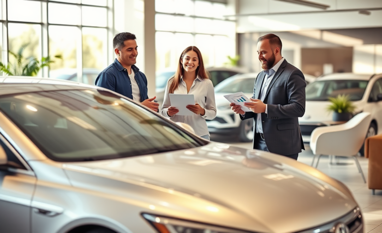 Pareja feliz en una agencia automotriz conversando con asesor sobre préstamo para vehículo con pagos mensuales bajos en ambiente moderno y bien iluminado