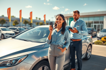 Mujer hispana con llaves y smartphone junto a sedán plateado en concesionario con vendedor ofreciendo crédito automotriz urgente