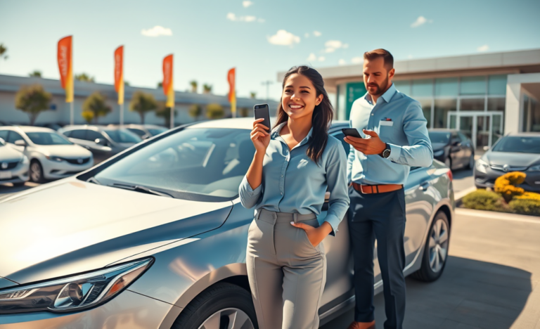 Mujer hispana con llaves y smartphone junto a sedán plateado en concesionario con vendedor ofreciendo crédito automotriz urgente
