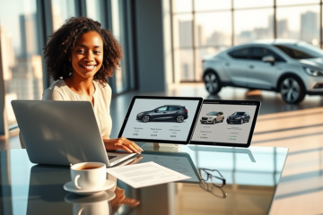 Mujer usando laptop para aprobar crédito en línea y comparar opciones de coches en oficina moderna con vista urbana