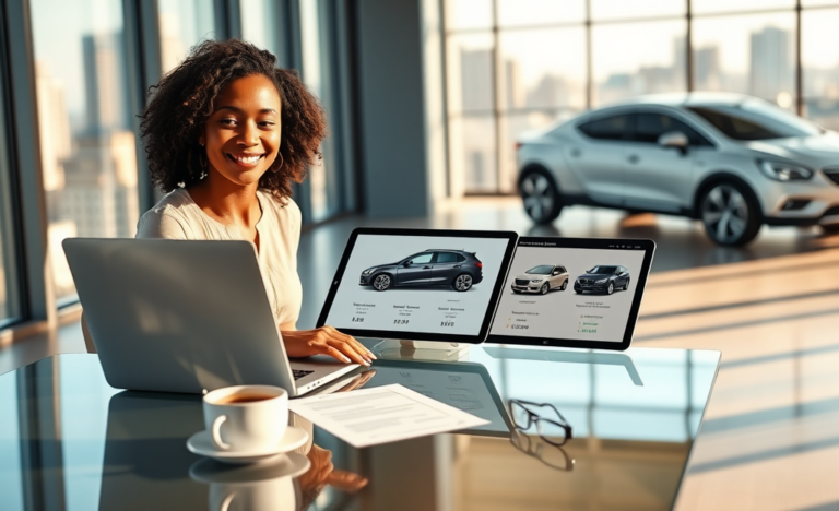 Mujer usando laptop para aprobar crédito en línea y comparar opciones de coches en oficina moderna con vista urbana