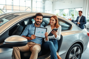 Pareja joven en concesionario viendo crédito preaprobado en tablet mientras asesora muestra opciones frente a un auto moderno