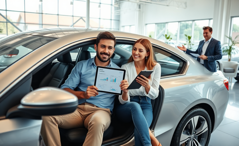 Pareja joven en concesionario viendo crédito preaprobado en tablet mientras asesora muestra opciones frente a un auto moderno