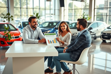 Pareja joven consultando con asesor financiero en concesionario al elegir financiamiento para su primer auto con pagos mensuales controlados
