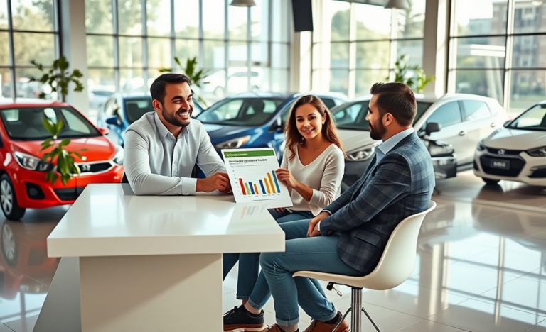 Pareja joven consultando con asesor financiero en concesionario al elegir financiamiento para su primer auto con pagos mensuales controlados