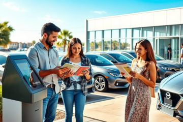 Familia comparando opciones de crédito automotriz frente a concesionario moderno para comprar carro, ambiente soleado y moderno