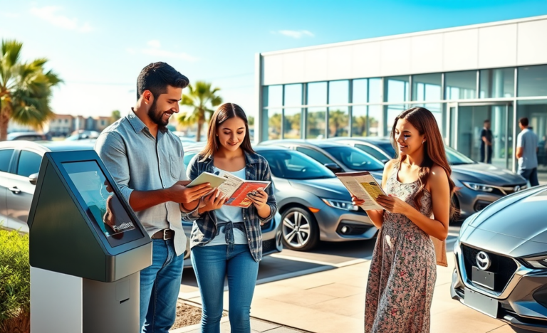 Familia comparando opciones de crédito automotriz frente a concesionario moderno para comprar carro, ambiente soleado y moderno