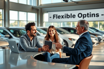 Pareja conversando con agente en concesionario de coches usados, explorando opciones flexibles de financiamiento con ambiente luminoso y acogedor