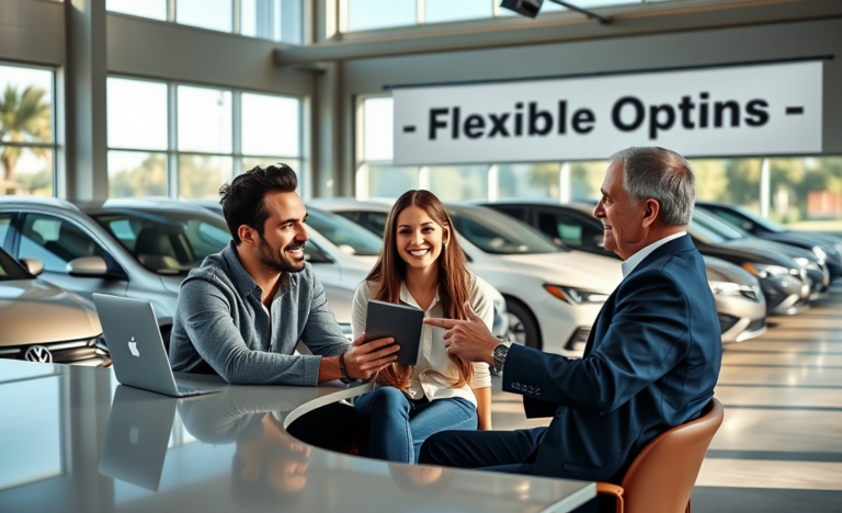 Pareja conversando con agente en concesionario de coches usados, explorando opciones flexibles de financiamiento con ambiente luminoso y acogedor