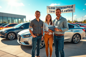 Pareja joven sonriente con asesor financiero al aire libre junto a un auto moderno en lote de autos ofreciendo crédito preaprobado para auto con bajos intereses