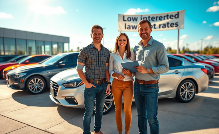 Pareja joven sonriente con asesor financiero al aire libre junto a un auto moderno en lote de autos ofreciendo crédito preaprobado para auto con bajos intereses