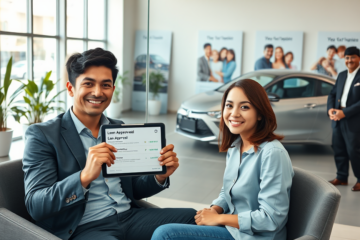 pareja joven en oficina de concesionaria automotriz aprobando financiamiento rápido para mal crédito con agente amable y auto moderno