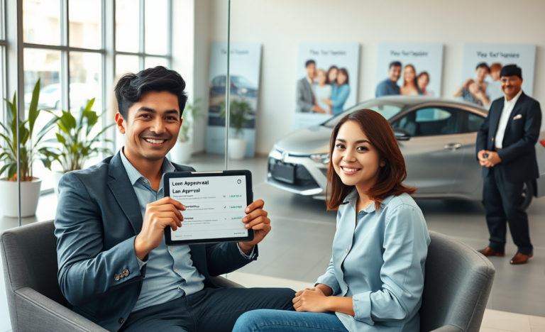 pareja joven en oficina de concesionaria automotriz aprobando financiamiento rápido para mal crédito con agente amable y auto moderno