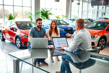 Joven pareja en sala de exposición de autos recibiendo aprobación facilitada de crédito automotriz para cambiar de vehículo