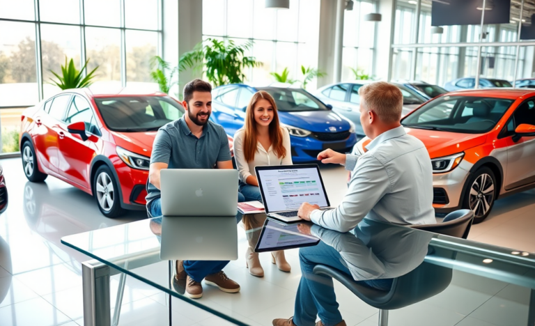 Joven pareja en sala de exposición de autos recibiendo aprobación facilitada de crédito automotriz para cambiar de vehículo