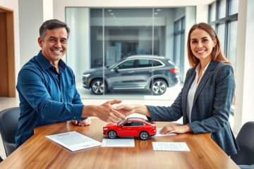 Escena realista de hombre y mujer en oficina financiera con modelos de auto y documentos mostrando refinanciamiento de vehículo con garantía para crédito rápido