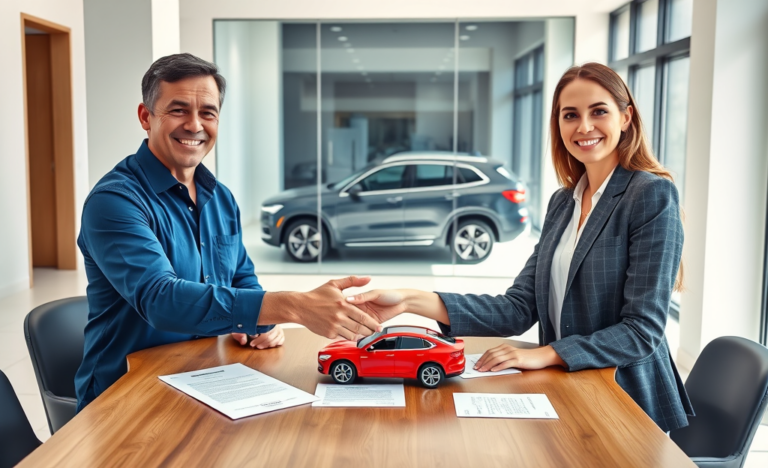 Escena realista de hombre y mujer en oficina financiera con modelos de auto y documentos mostrando refinanciamiento de vehículo con garantía para crédito rápido