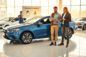 Pareja sonriente en concesionario moderno junto a auto nuevo azul, explorando opciones de compra financiada con menos entrada